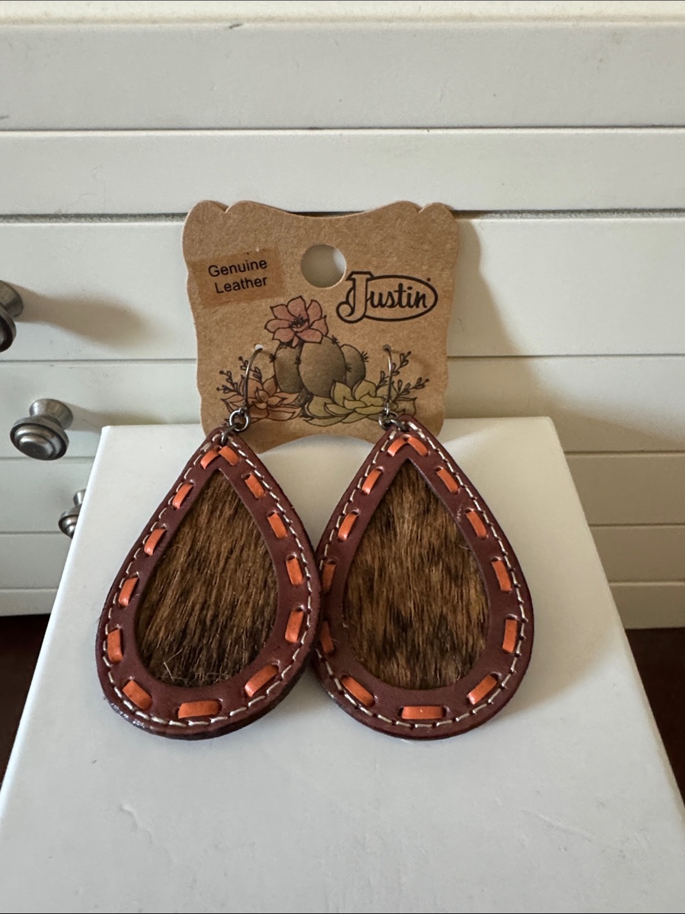 Justin Boots Brown and Tan Teardrop Leather Earrings